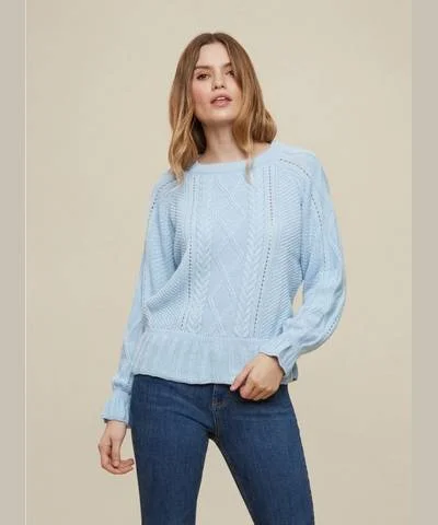 Light Blue Cable Knit Ruffle Sweater Women's packable jackets