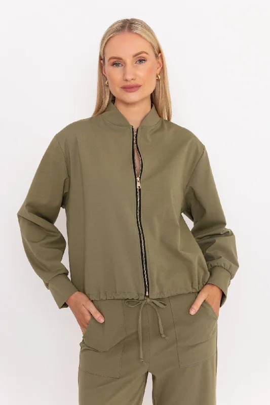 Khaki Ponte Bomber Jacket Best women's jackets for layering