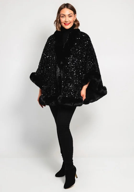 Malissa J One Size Sequin Faux Fur Cape, Black Women's stylish jackets