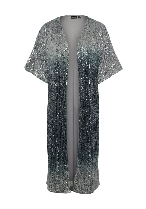 Pieces Delphia Ombre Sequin Longline Kimono, Silver Women's budget jackets