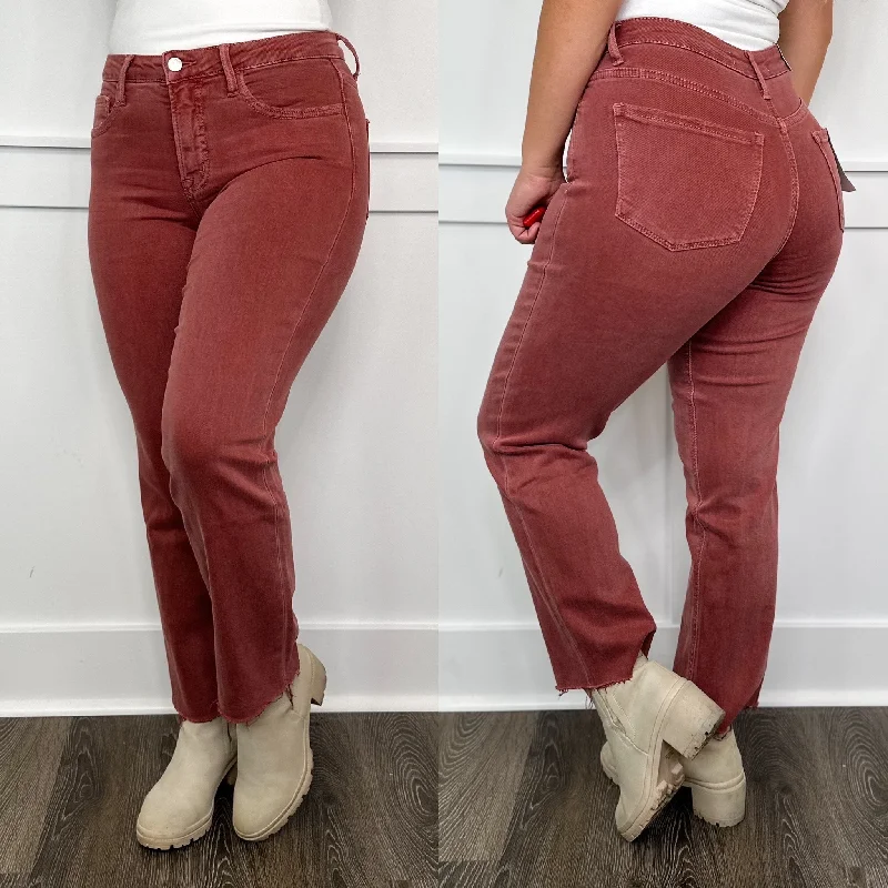 Flying Monkey Vervet Jen Tummy Control High Rise Fray Hem Cropped Wine Straight Leg Jeans