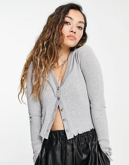 Button Down Rib Cardigan Grey Women's discounted jackets