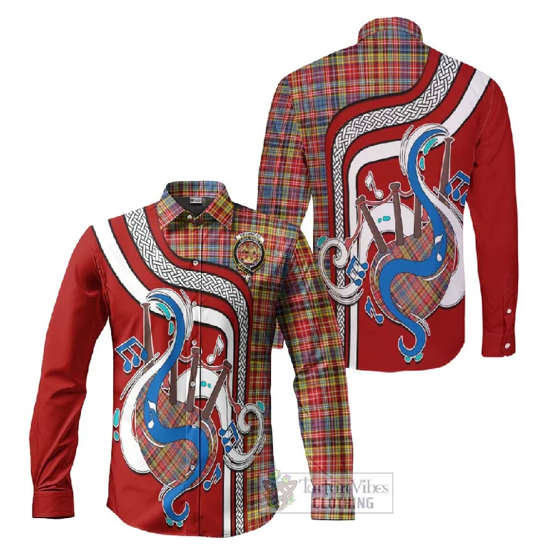 Drummond of Strathallan Modern Tartan Long Sleeve Button Shirt with Epic Bagpipe Style Drummond of Strathallan Modern Tartan Long Sleeve Button Shirt with Epic Bagpipe Style