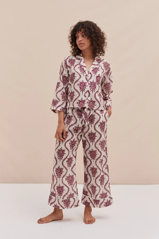 Boxy Shirt and Wide Leg Trouser Set Alpen Flora Print Cream and Pink Chic pajama sets