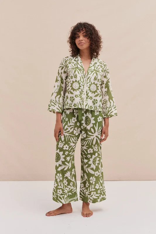 Boxy Shirt and Wide Leg Trouser Set Fabelei Print Green and Cream Luxury pajama sets