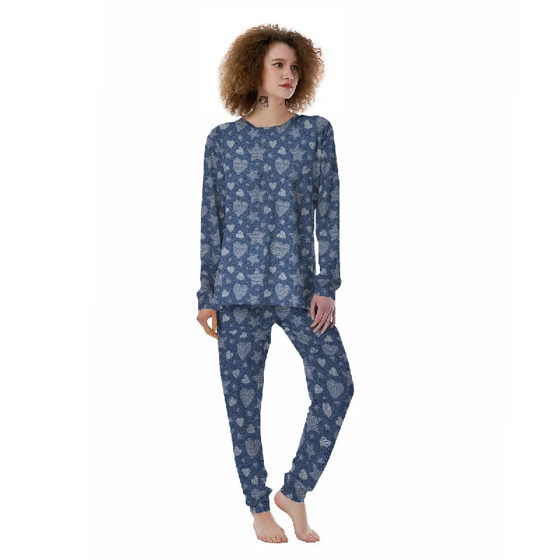 Denim Star Jeans And Heart Print Pattern Women's Pajamas Breathable pajama sets