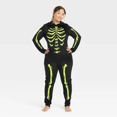 Open Box - Women's Glow-in-the-Dark Skeleton Halloween Matching Family Union Suit Pajama - Hyde & EEK! Boutique Black L Postpartum pajama sets