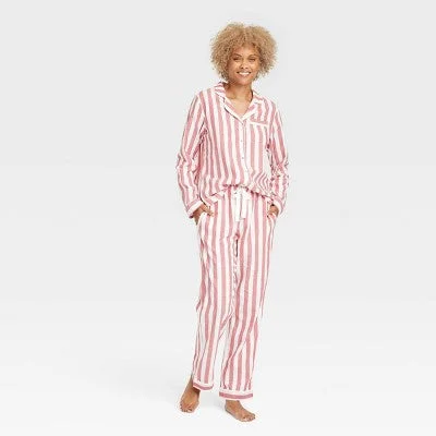 Open Box - Women's Perfectly Cozy Flannel Pajama Set - Stars Above Red Striped XL Work-from-home pajama sets