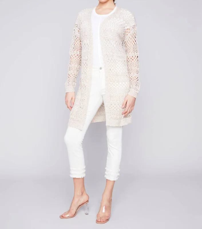 Long Knit Crochet Cardigan In Beige Premium sweaters