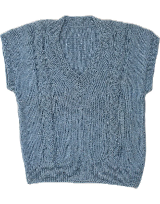 VINTAGE Womens Short Sleeve V-Neck Jumper Sweater UK 14 Large Blue Acrylic sweaters