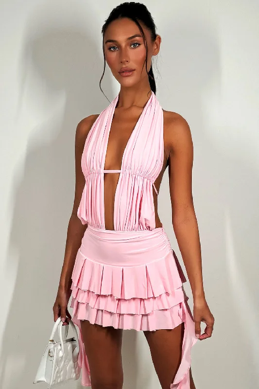 Halter Neck Plunge Ruffly Festival Dress Pink A-line mini dresses