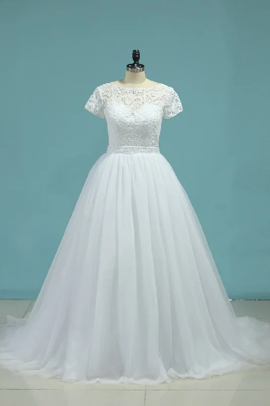 Bateau Wedding Dresses A-Line Tulle Cap Sleeves Zipper Back Court Train Embroidered Wedding Dress