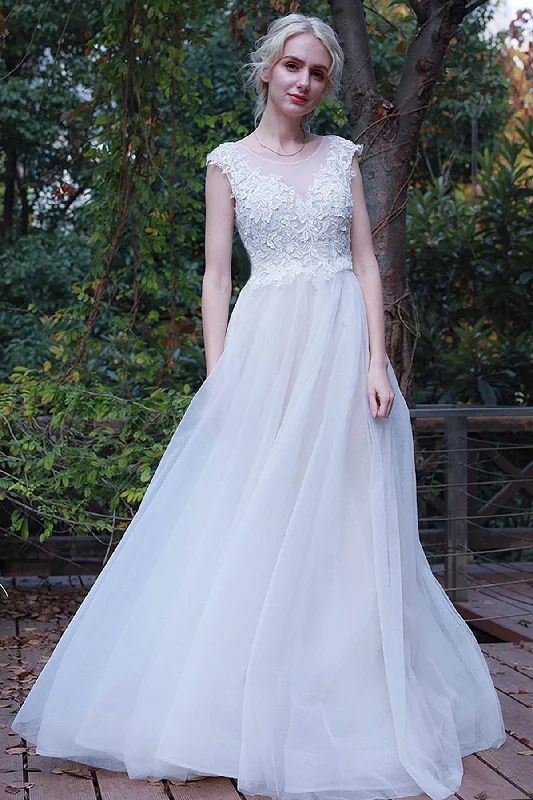 A-Line Sweep-Brush Train Lace Tulle Wedding Dress CW3017 Short Wedding Gown