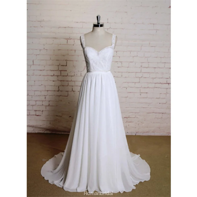 A-line sweetheart lace top chiffon open back simple Wedding Dresses with train, WD0364 Modern Lace Gown