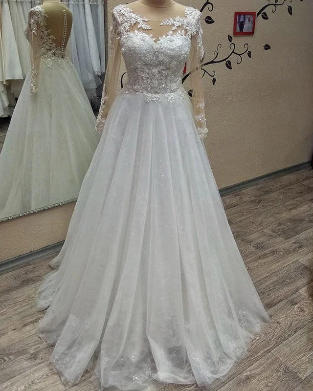 Elegant A-line Wedding Dresses Lace Long Sleeves Full Skirt Gown