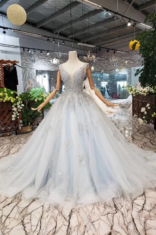 Ball Gown Deep V Neck Sleeveless Tulle Wedding Dress With Beading, Prom Dress N1671 Wedding Dress Style