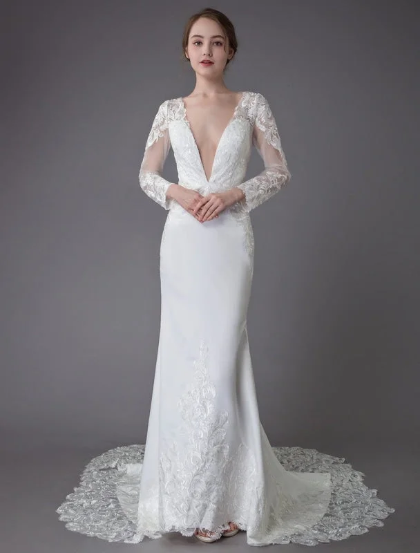 Beach Wedding Dresses Ivory Lace V Neck Long Sleeve Mermaid Bridal Gown With Train Exclusive Sleeveless Bridal Gown