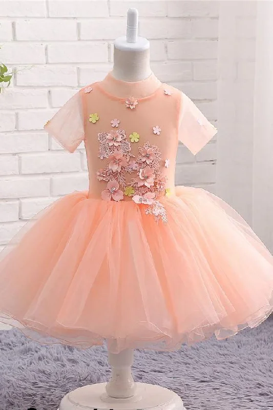 Cute Peach Short Flower Girl Dress For Weddings High Neck Short Sleeves Dress F062 Ball Gown Wedding