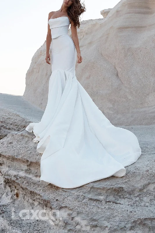 22991 - Strapless Sleek Satin Mermaid Wedding Dress with Train Full Length Gown