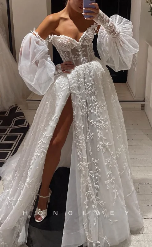 H1628 - Elegant A-Line Sweetheart Puff Sleeves Empire Lace Applique With High Slit Wedding Dress Luxury Wedding Dress