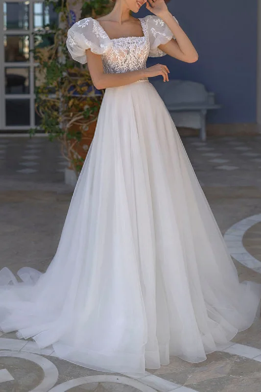 A Line Square Lace Appliques Short Sleeves Rustic Wedding Dress Bridal Gown QW2261 Timeless Wedding Dress