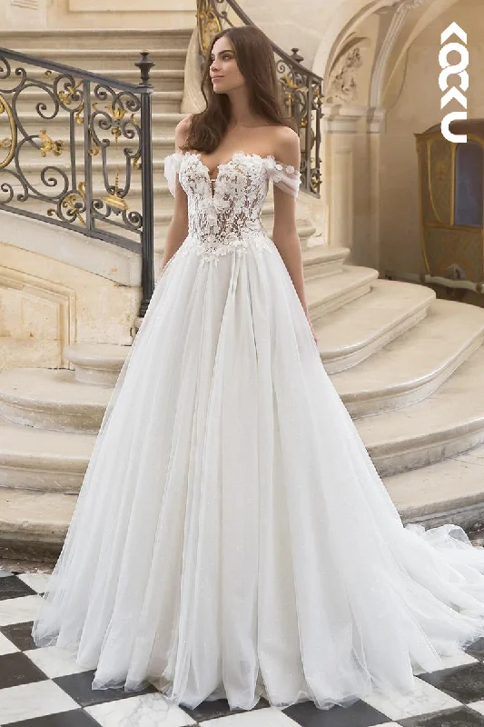 K1957 - Elegant Off-Shoulder Cap Sleeves A-line Applique Tulle Wedding Dress Mermaid Wedding Gown