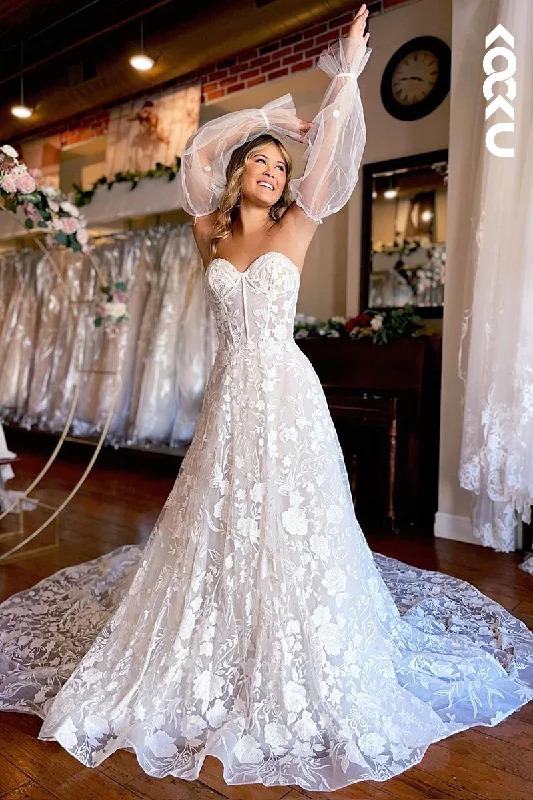 K1958 - Gorgeous & Charming Sweetheart A-line Fully Applique Puff Sleeves Wedding Dress Simple Wedding Gown