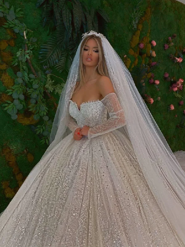 Off Shoulder Sleeves Ball Gown with Veil Off-shoulder Bridal Dress