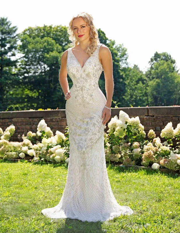 Primavera Couture - Intricately Bedazzled Plunging Sheath Dress 3232 Wedding Gown Set