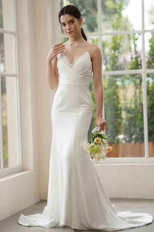 Trumpet-Mermaid Sweep-Brush Train Stretch Satin Wedding Dress CW3310 Romantic Wedding Dress