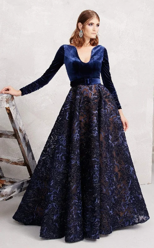 MNM Couture - N0263 Long Sleeve Velvet Bodice Embroidered Gown Wrap party dresses