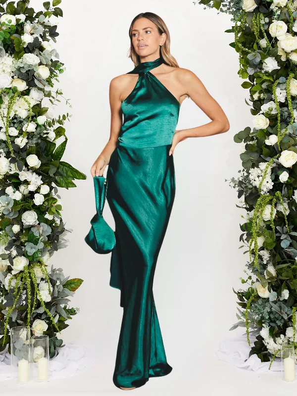 Asymmetric Scarf Satin Maxi Dress / Emerald Green Hot new arrivals in maxi dresses