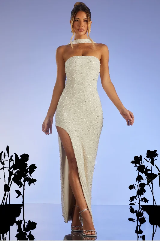 Embellished Bandeau Maxi Dress in Ivory Minimalist maxi dresses