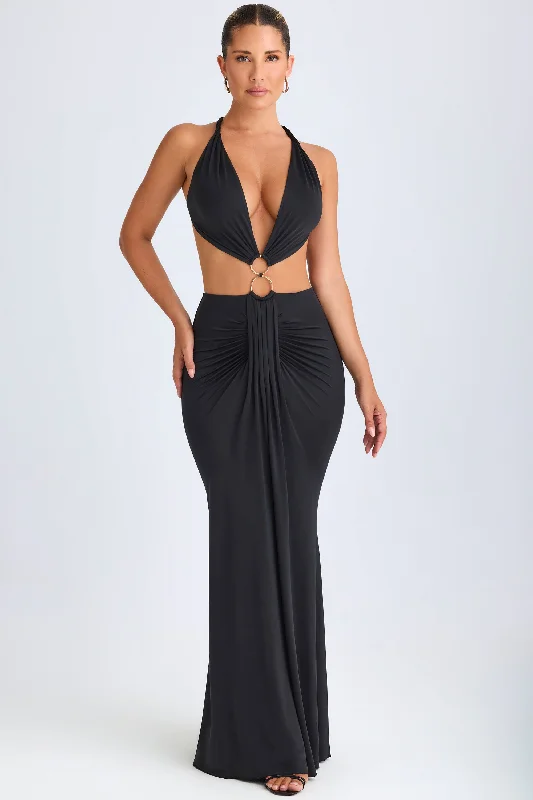 Hardware Detail Cut-Out Halterneck Maxi Dress in Black Edgy maxi dresses