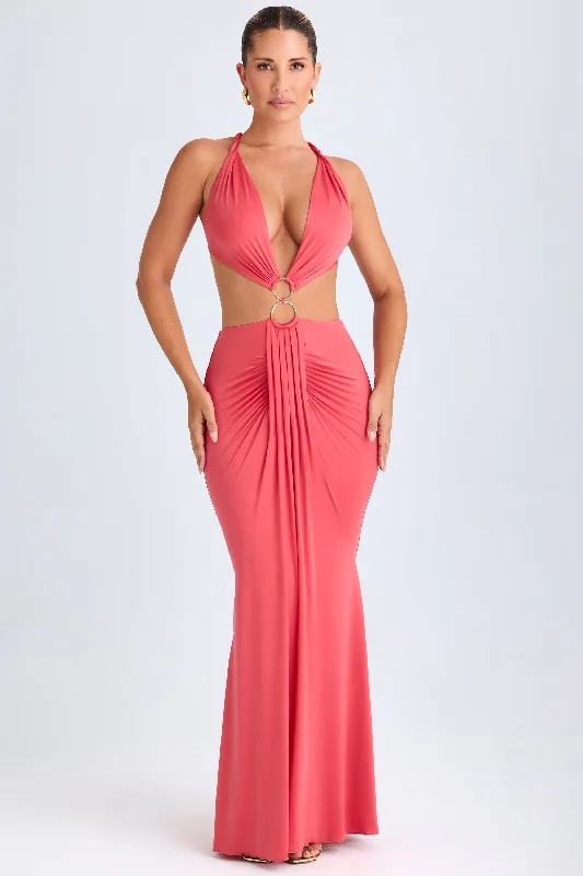 Hardware Detail Cut-Out Halterneck Maxi Dress in Coral Vintage maxi dresses