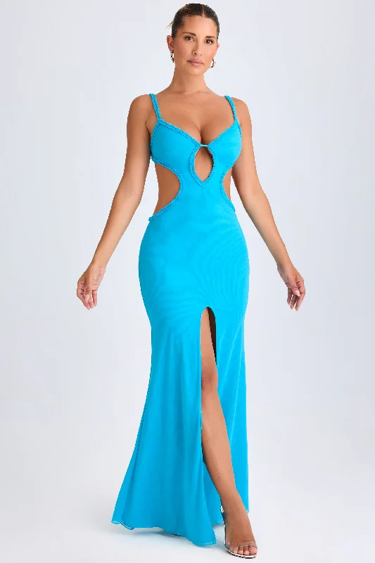 Ruffle-Appliqué Cut-Out Maxi Dress in Aqua Blue Y2K maxi dresses