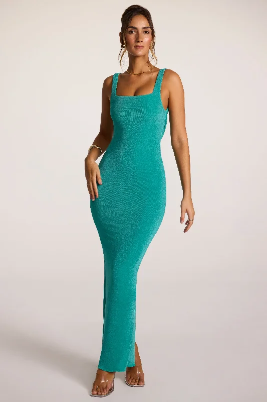 Textured Jersey Square Neck Cowl Back Maxi Dress in Teal Street style maxi dresses