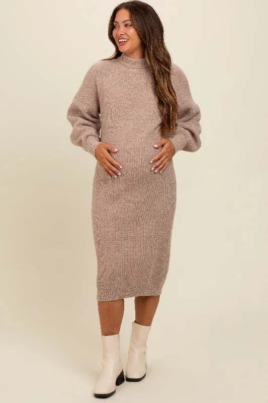 Beige Mock Neck Bubble Sleeve Maternity Midi Sweater Dress Best midi dresses for curvy figures