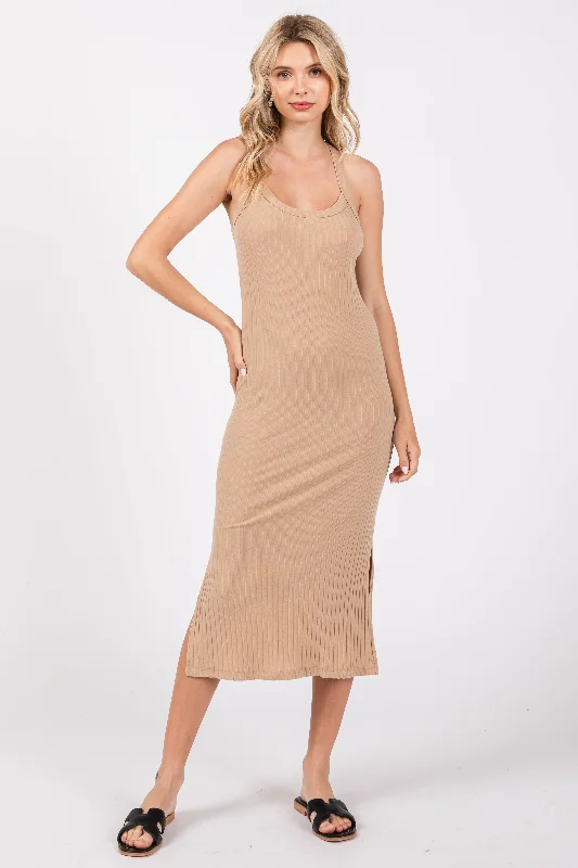 Beige Ribbed Racerback Midi Dress Fall midi dresses