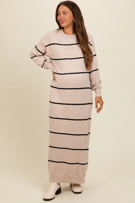 Beige Striped Knit Drop Shoulder Maternity Midi Dress Best midi dresses for elegant looks