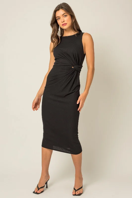 Black Rib Knit Sleeveless Side Twist Midi Dress Chic midi dresses