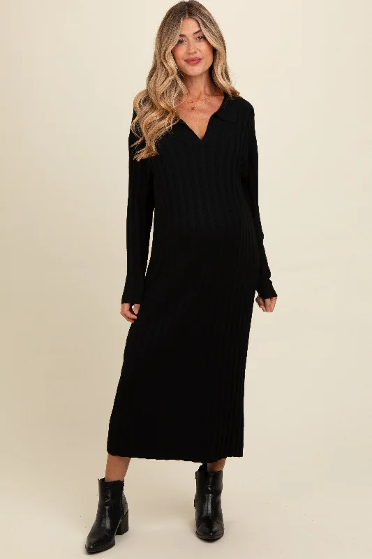 Black Ribbed Collared Maternity Midi Sweater Dress Best midi dresses for plus size