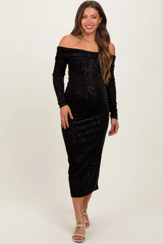 Black Shiny Velour Off Shoulder Maternity Midi Dress Summer party midi dresses