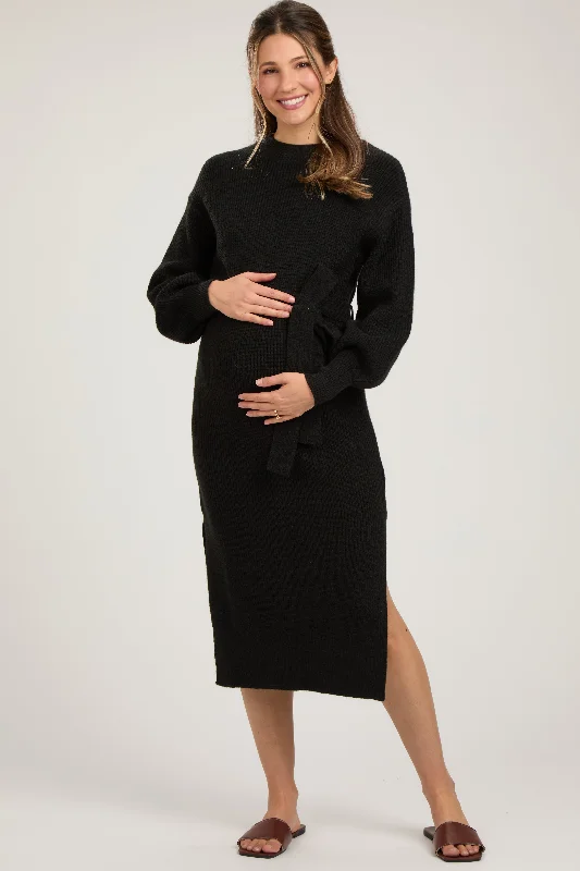 Black Side Slit Maternity Sweater Midi Dress Velvet midi dresses