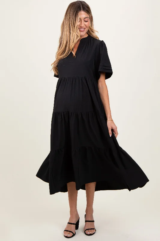 Black V-Neck Tiered Maternity Midi Dress Discounted midi dresses