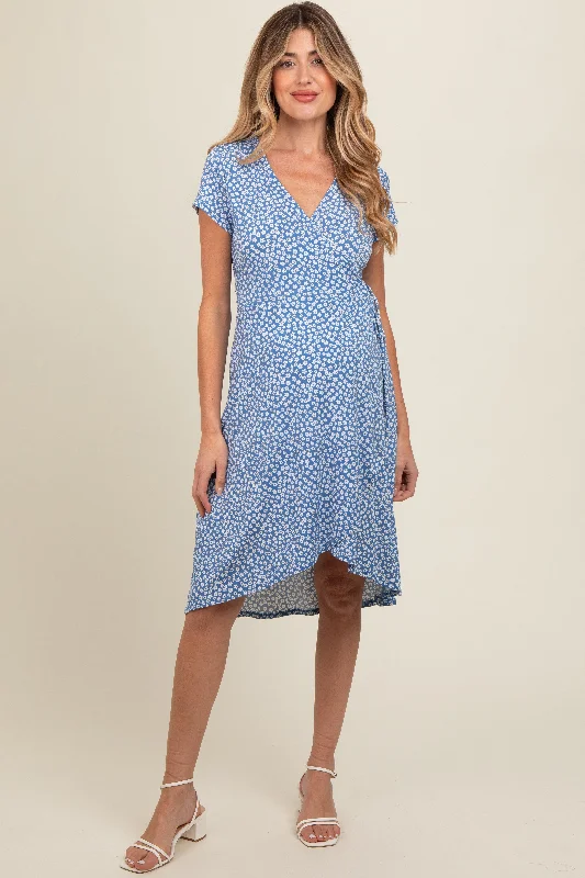 Blue Floral Wrap Maternity Midi Dress Best midi dresses for petites