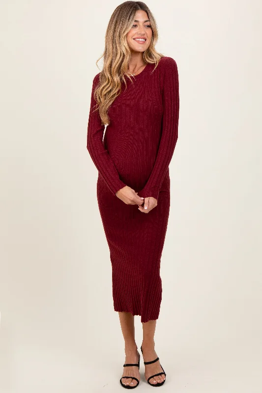 Burgundy Ribbed Knit Fitted Maternity Midi Sweater Dress Expensive midi dresses