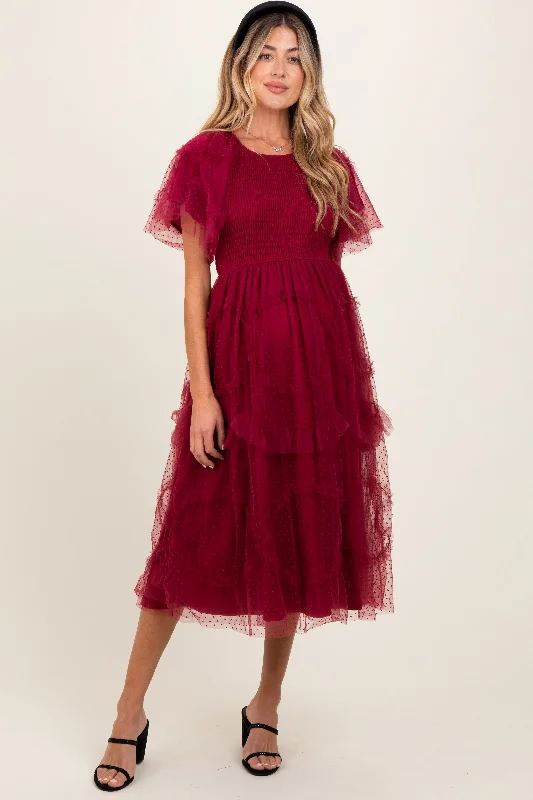 Burgundy Smocked Ruffled Mesh Maternity Midi Dress New Year's Eve midi dresses