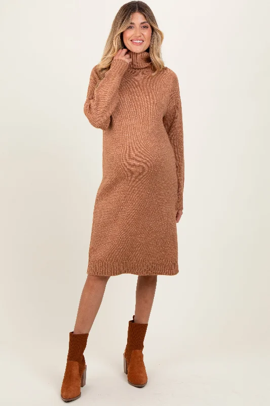 Camel Turtleneck Side Slit Maternity Midi Sweater Dress Clubbing midi dresses