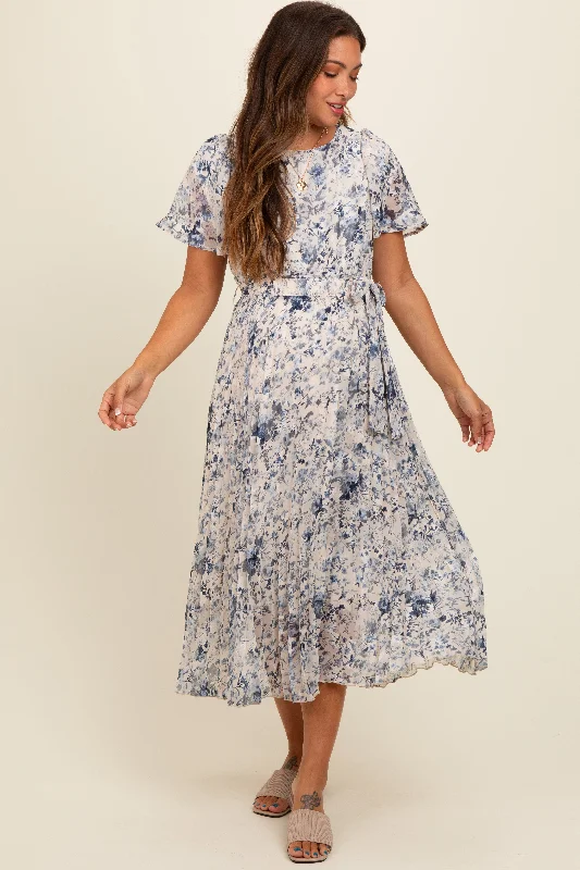 Cream Floral Pleated Maternity Midi Dress Denim midi dresses